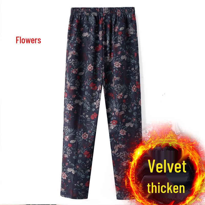 Women's Fleece-Lined Pants, Loose Straight Leg for Middle-Aged/Elderly, Patterned Plus Size, Mom's Style, Fit for All Seasons (Spring, Autumn, Winter)