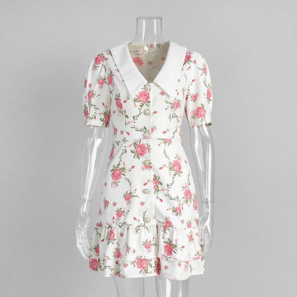 French V-neck Bubble Sleeve Dress, European and American Summer Waist Print Short Dress, Ruffle Leaf Edge Dress