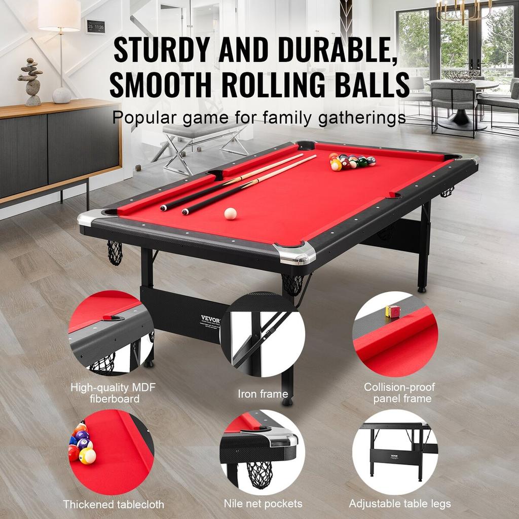 Billiards Table, 7 ft Pool Table, Portable Foldable Space-Saving Table, Billiard Table Set Includes Balls, Cues, Chalks and Brush, Black with Red