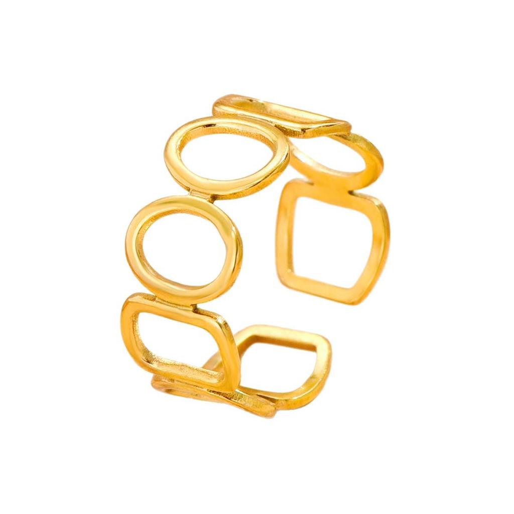 Retro Stainless Steel Geometric Open Ring with Hollow Rectangle Oval Design