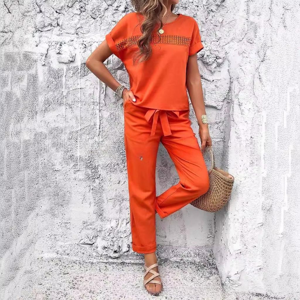 VEZFAA Women's Fashion Casual Summer Spring Short Sleeve O-Neck Trousers Pants Suits