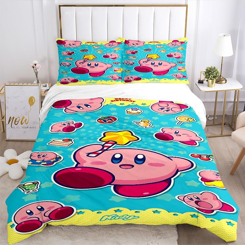 3pcs Bedding Set Birthday Kirby Includes 1 Comforter + 2 Pillowcases, Without Pillow Inserts, Soft Comfortable, Lightweight Breathable, Prin