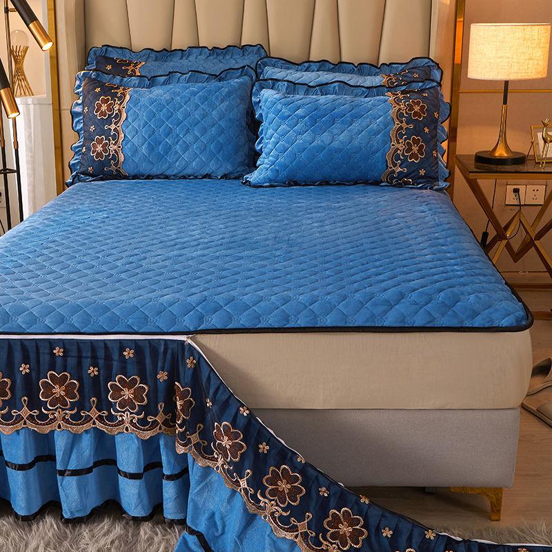 Luxury Euro Crystal Velvet Gold Lace Ruffles Quilted Zipper Removable Bed Skirt Mattress Cover Bedspread Pillowcases Bedding Set