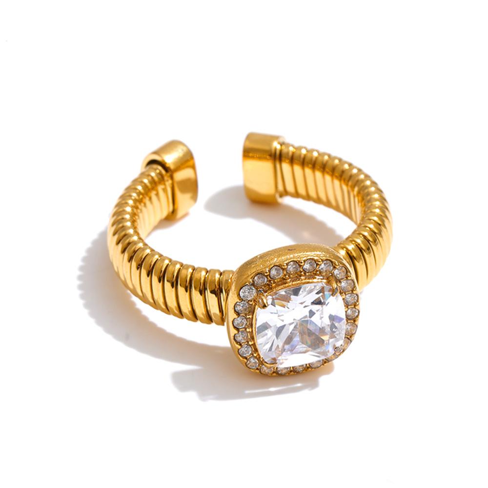 Eetit Stainless Steel Open Ring Finger Jewelry Fashion Square Cubic Zirconia Adjustable Ring for Women 18K Golden PVD Plated