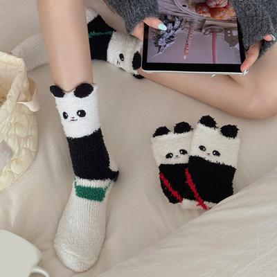 Yousheng 1/5 Pairs Sleeping Socks Cartoon Panda Design Thickened Coral Velvet Warm Winter Socks Mid-Tube Floor Socks