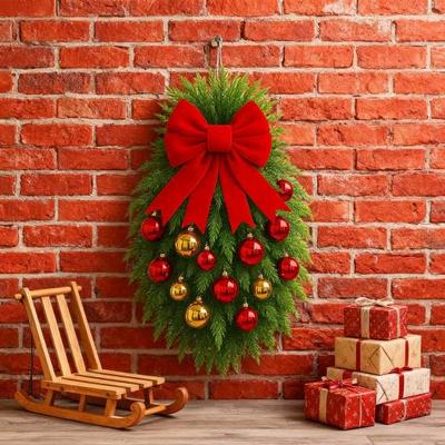 1/2Pcs Christmas Teardrop Swag Wreath with Norfolk Pine Greenery Stairway Swag Red Bow Balls Winter
