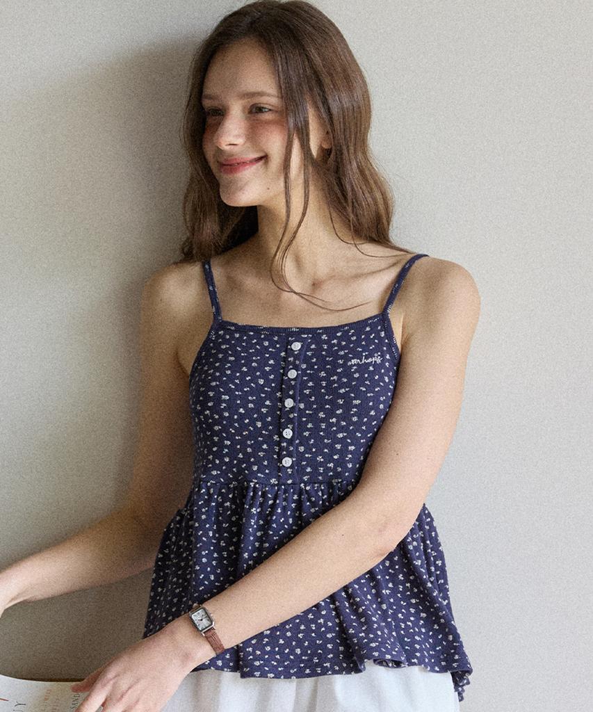 OURHOPE Tiny Floral Button Sleeveless - Navy