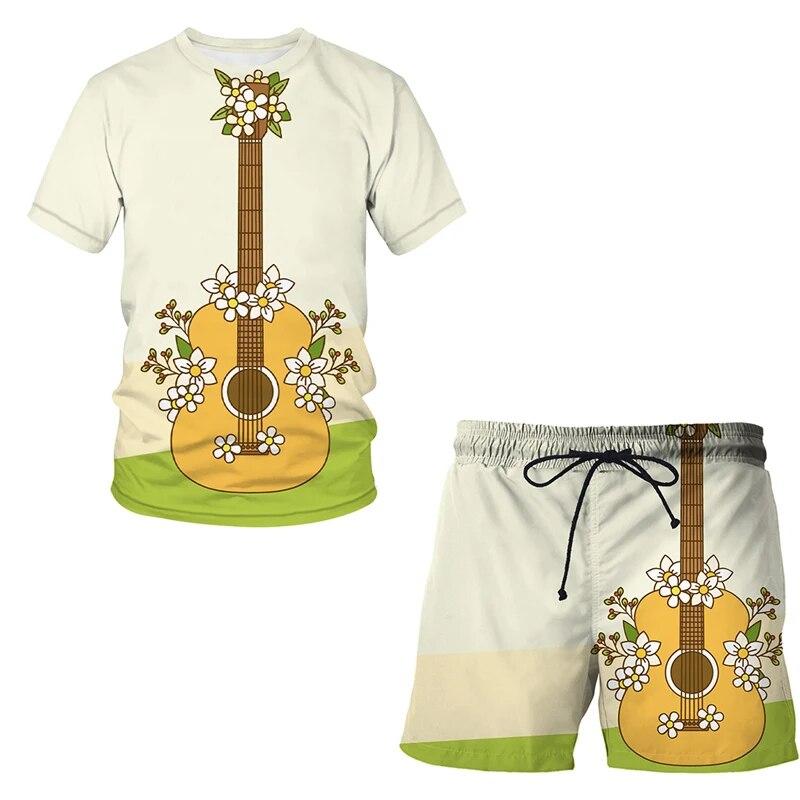 

Весенне-летний мужской спортивный костюм с 3D рисунком гитары, комплект из 2 предметов, модная футболка, мужская спортивная одежда, повседневная мужская одежда, костюм 6XL