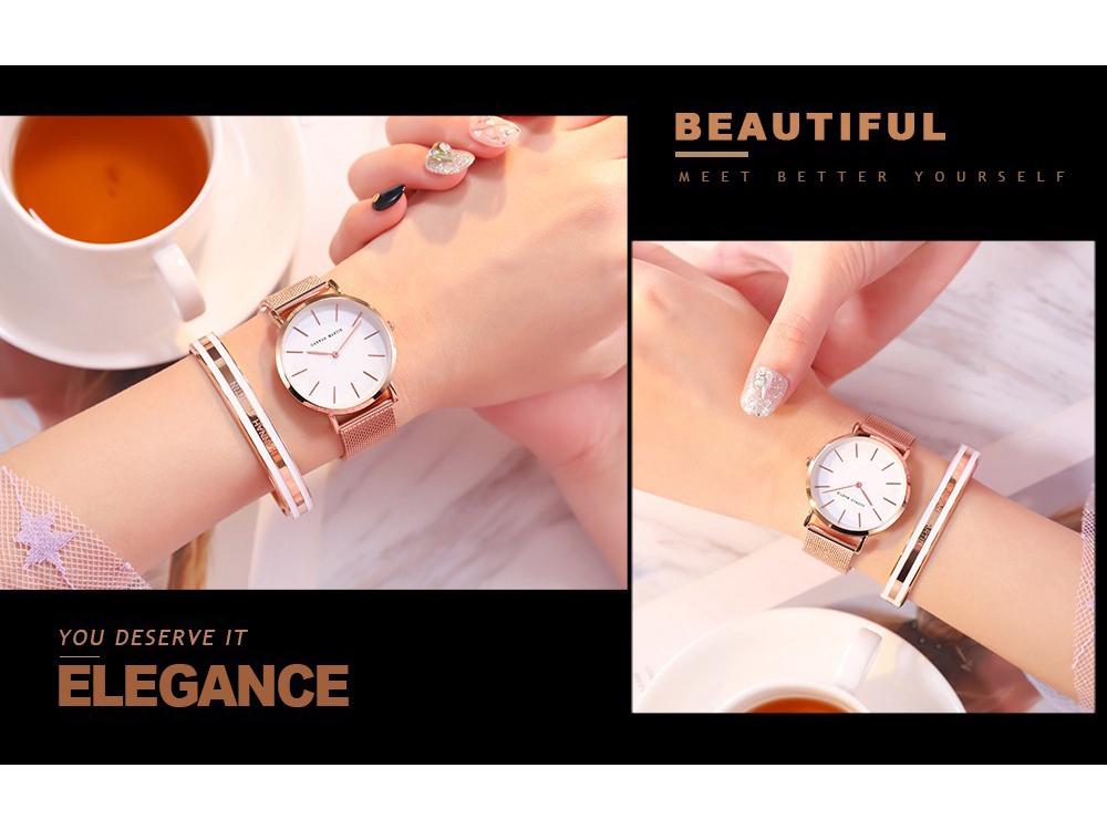 Elegant Slim Waterproof Wristwatch with Steel Mesh Band - Minimalist Japanese Design for Women.