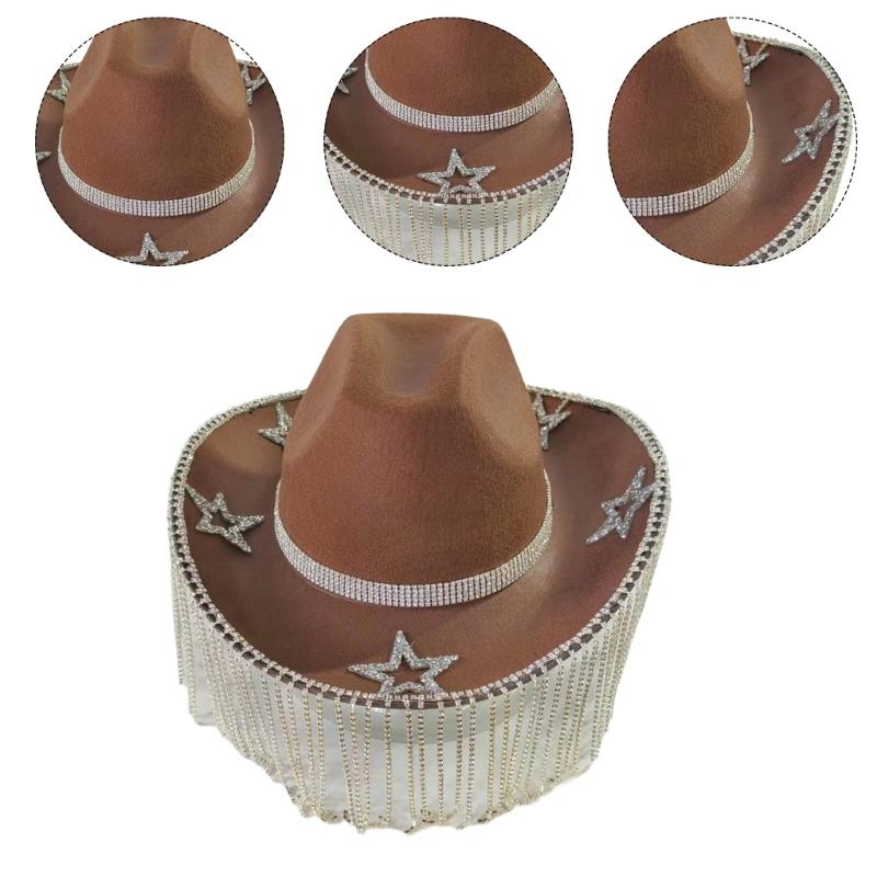 Fringed Rhinestones Cowboy Hat for Adult Women Bridal Shower Cowgirl Hat Masquerades Party Costume Hat Elegant Headpiece