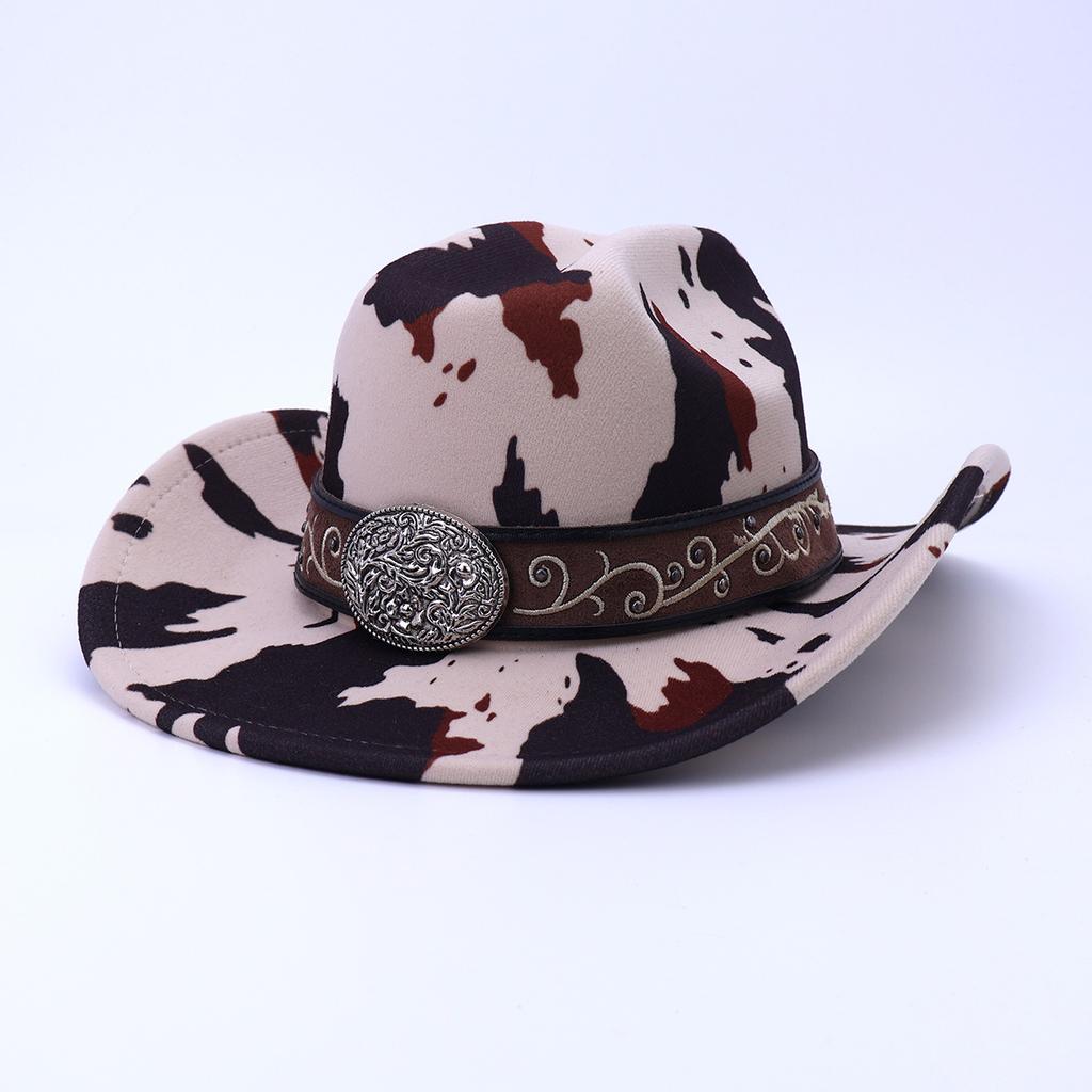 One-word cow pattern woolen top hat retro metal accessories western cowboy hat European and American sunshade retro jazz hat