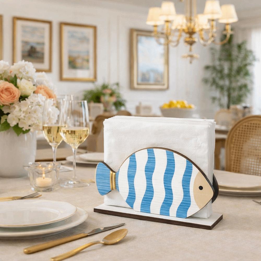 Creative Ocean Theme Wooden Napkin Holder Fish Shaped Decorative Desktop Ornament Large Capacity Tissue Dispenser Outdoor Use