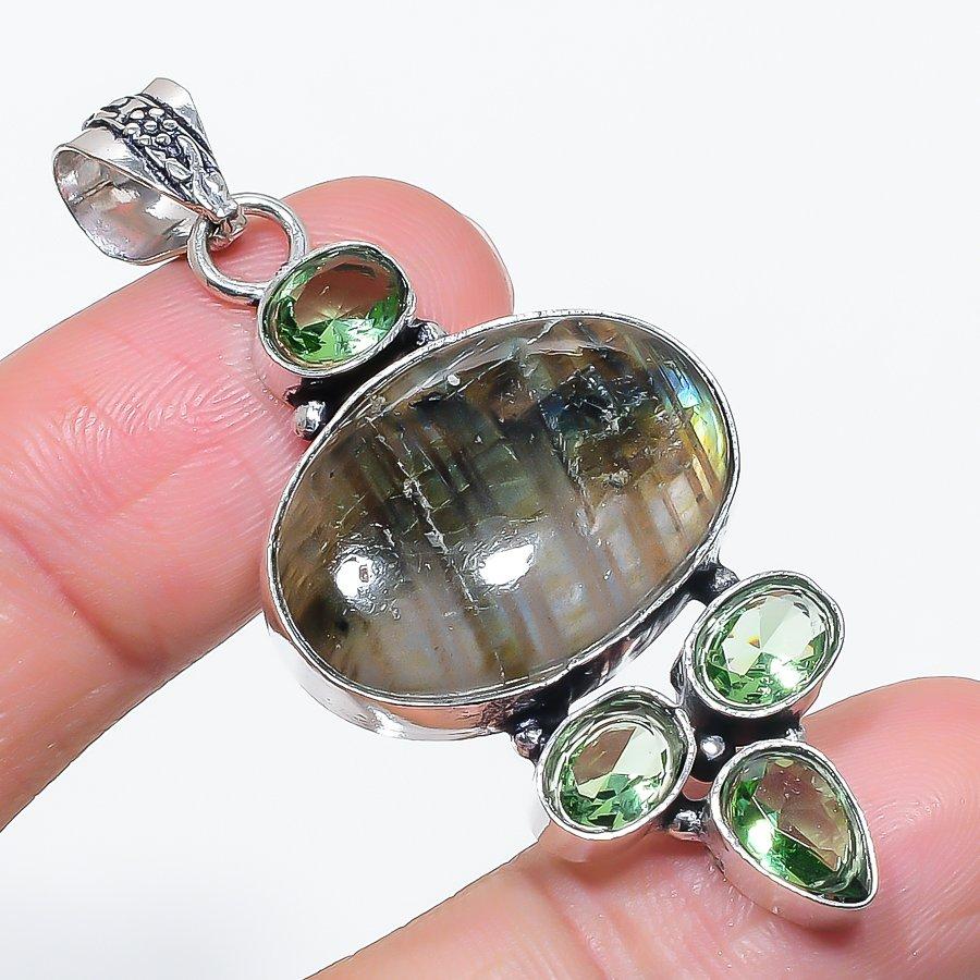 Natural Labradorite, Tsavorite 925 Sterling Silver Jewelry Pendant 2.29" q7A58
