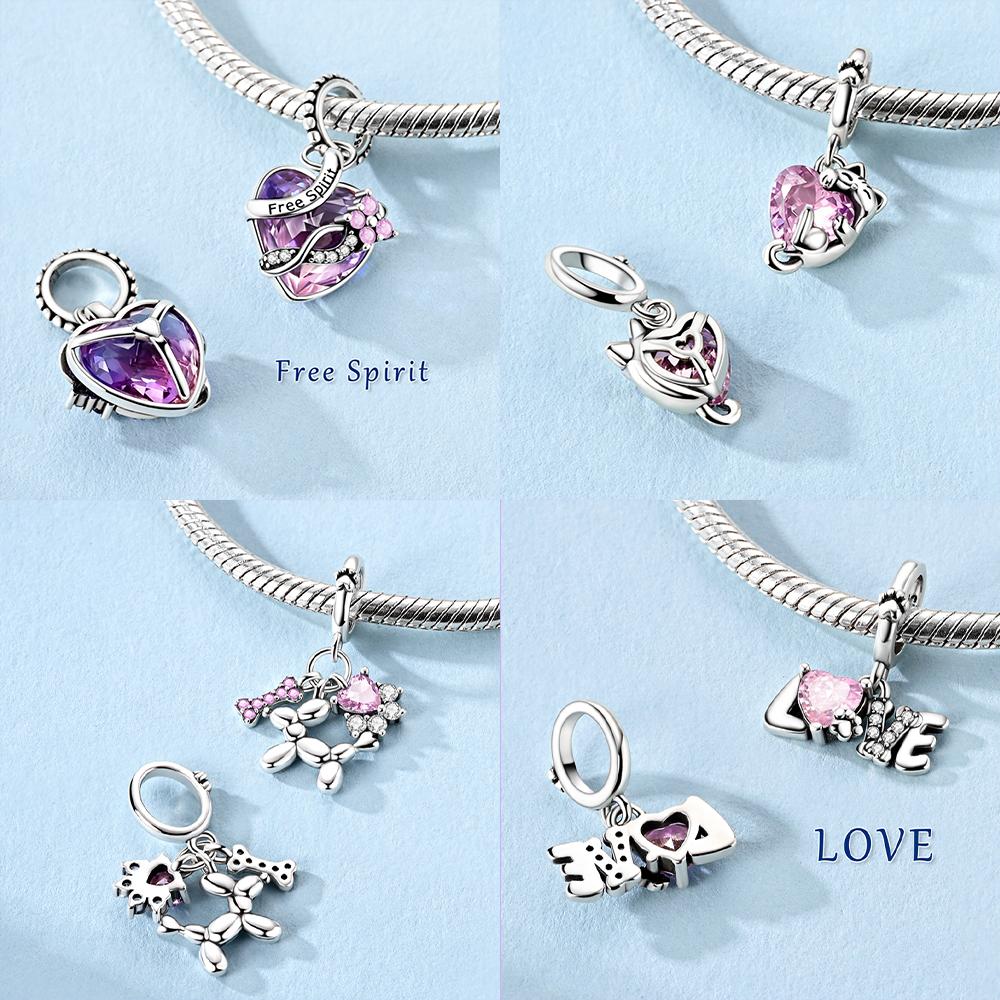 Pendentif Authentique en Cuivre Chat Ballon Rose Chien Animal Dauphin Perle Cœur Compatible Avec Bracelets Femmes Cadeau Saint-Valentin Bijoux