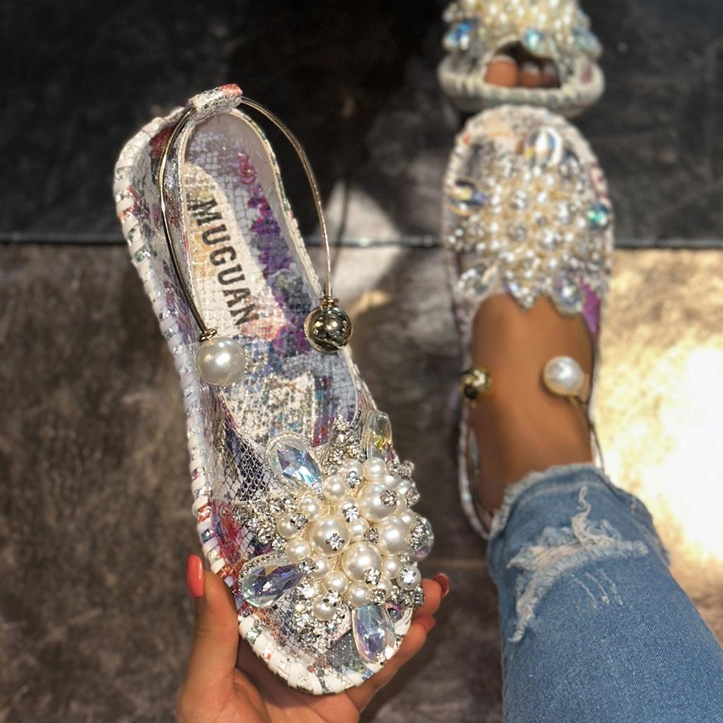 Women's Summer Beach Sandals With Rhinestone Sparkly Comfort Walking Shoes for Dressy Ankle Strap Open Toe Slip-On Casual Flats Sandals for Women