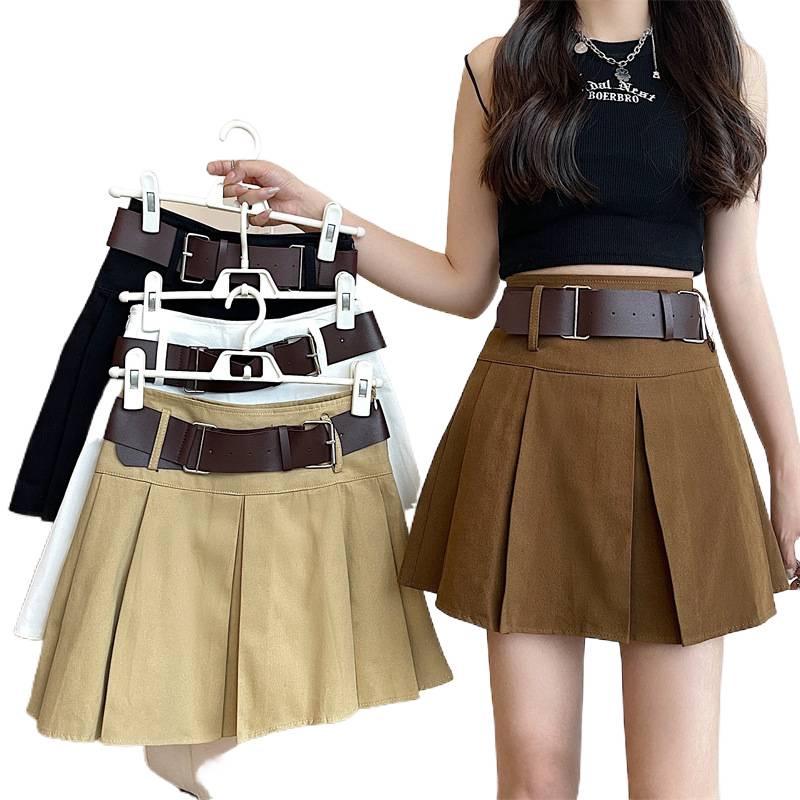 Petite Women's Retro Hong Kong Style Pleated Skirt with Waist-Cinch Belt