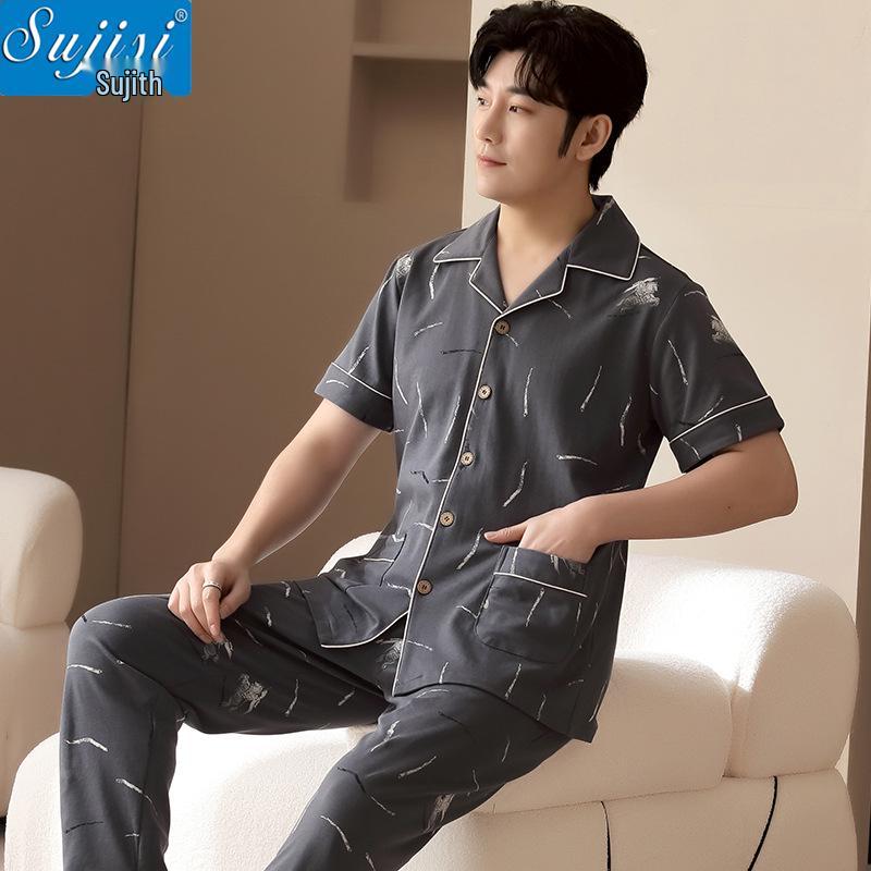 Men's Summer Cotton Pajama Set: Short Sleeve, Long Pants, Plus Size, Loose, Casual, Thin Cardigan Homewear.