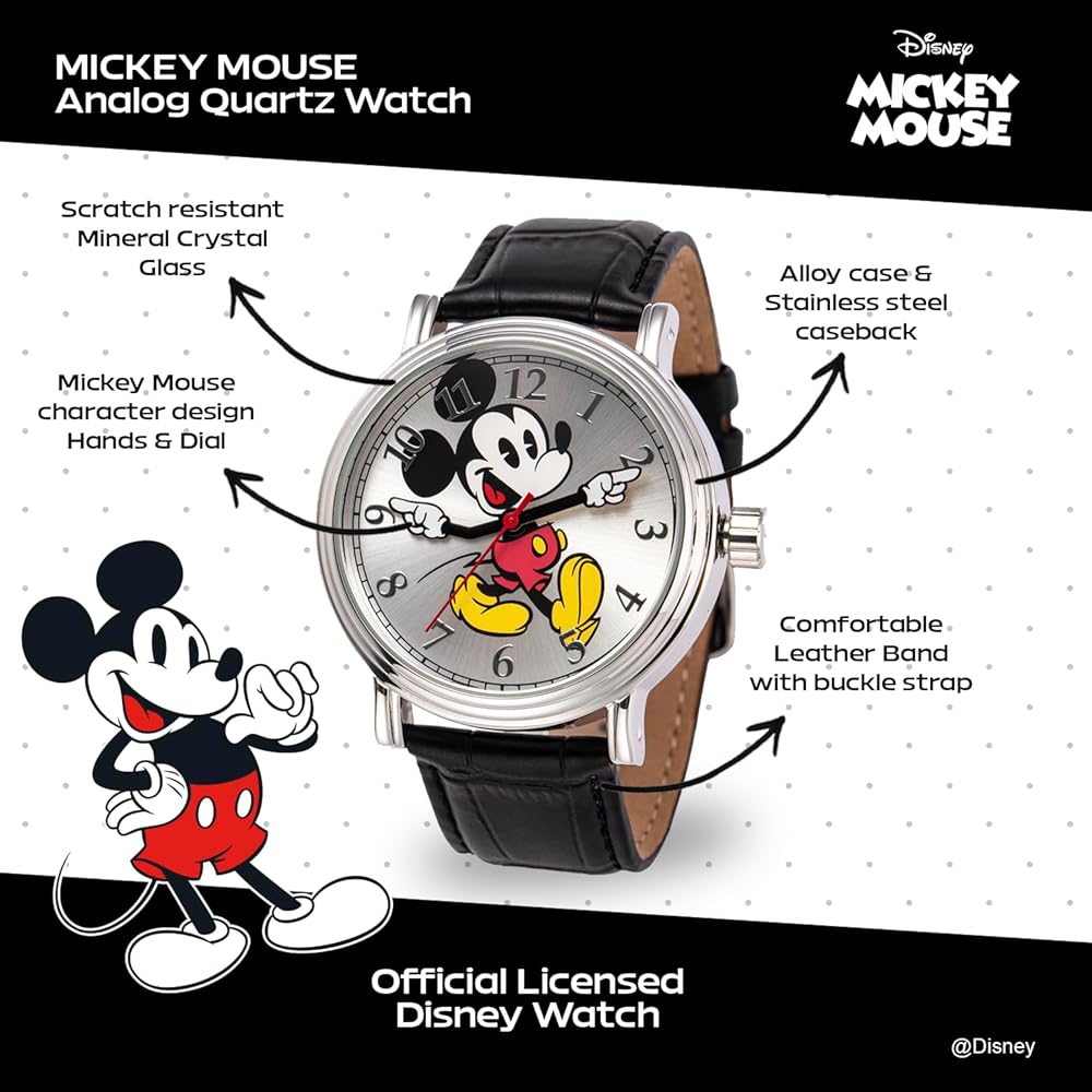Disney Mickey Mouse Silver Tone Watch with Black Band Men's Fashion Accessory