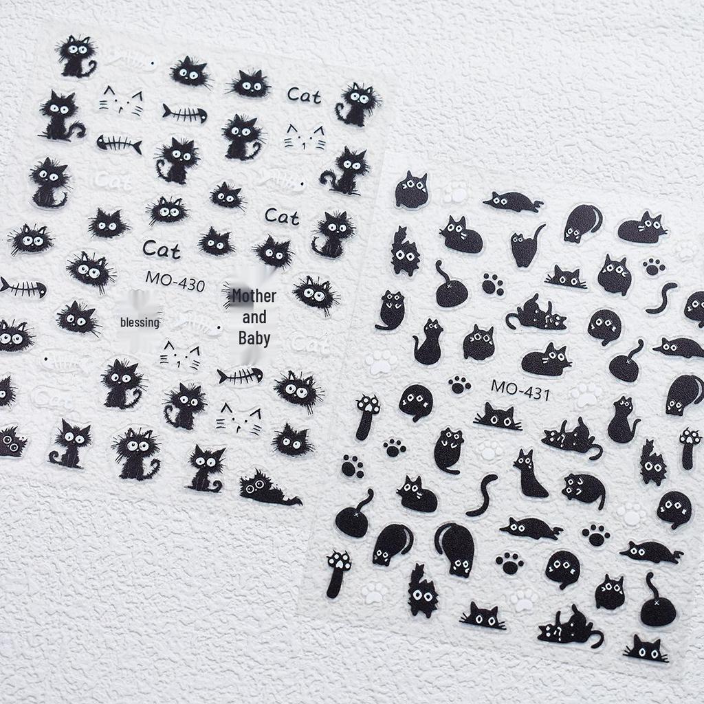 Cute Cat & Fishbone Nail Stickers - Frizzy Kitten Embossed Design