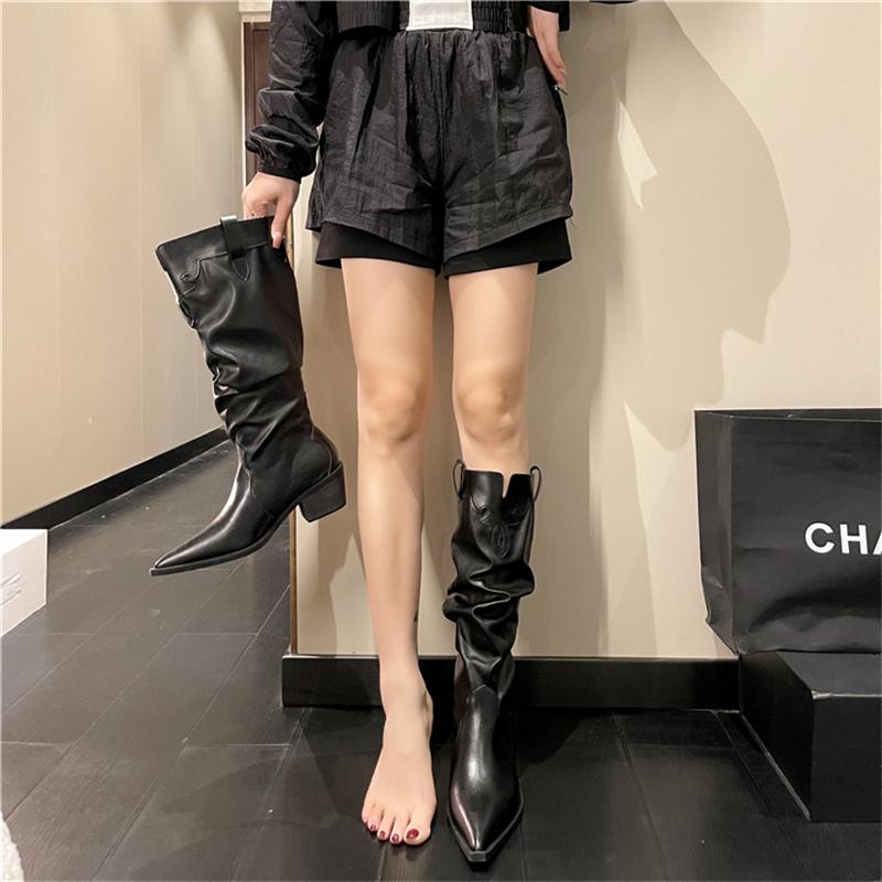 New Stretch Soft Leather Women Over The Knee High Boots Pointed Toe Shoes Autumn Winter Thick Heel Ladies Long Booties
