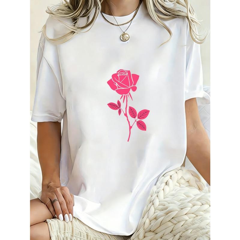 Oversized T Shirt Dress Black Pink Rose Print Casual Streetwear Style For Women