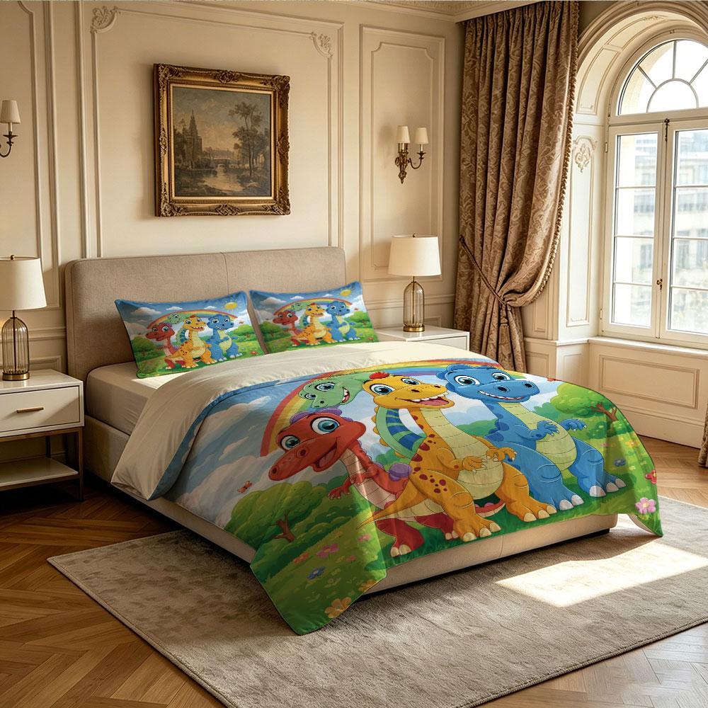 3pcs Cartoon Dinosaur Rainbow Print Duvet Cover Set Kids Boys Soft Microfiber Bedding Set with Pillowcases Quilt Cover Gift