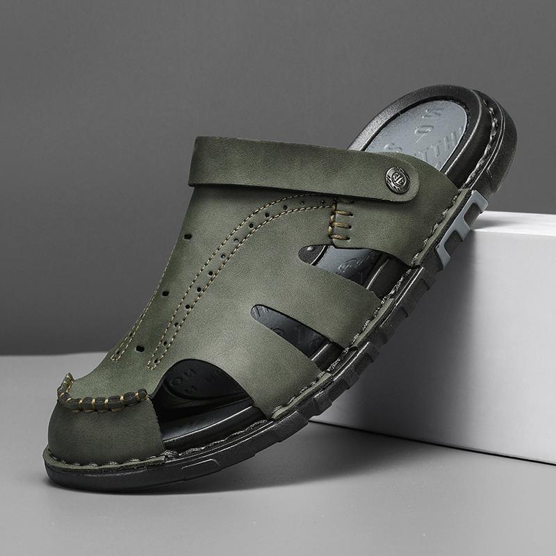 

Летние мужские сандалии из кожи ручной работы для пешего туризма и отдыха на природе, пляжная обувь, модные и повседневные сандалии, мужская летняя обувь, сандалии 47 зелёный