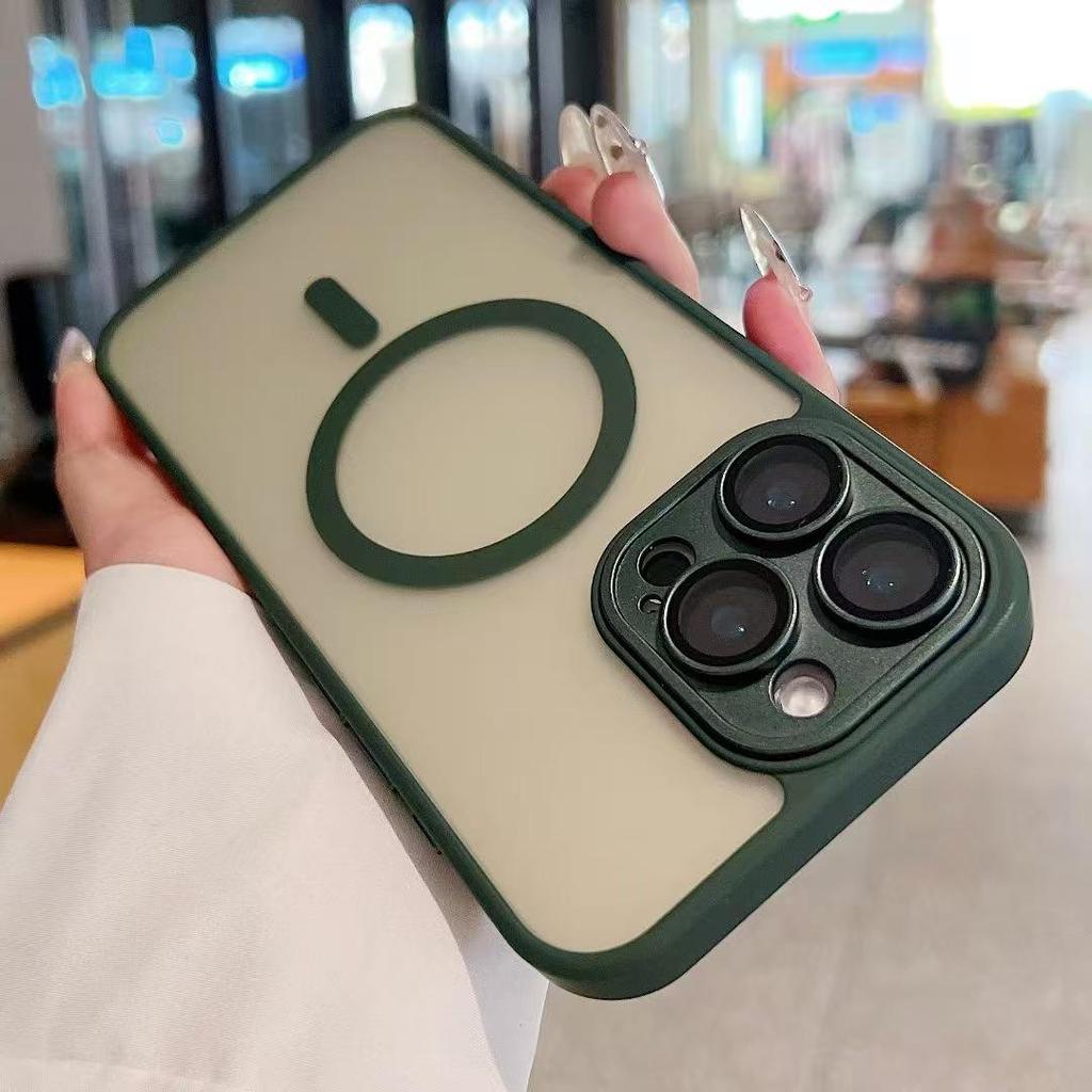 Trendy Magnetic Lens Film & Solid Color Phone Case for Apple 11/13/14/15/16 Pro Max - Frosted Finish, Full Coverage