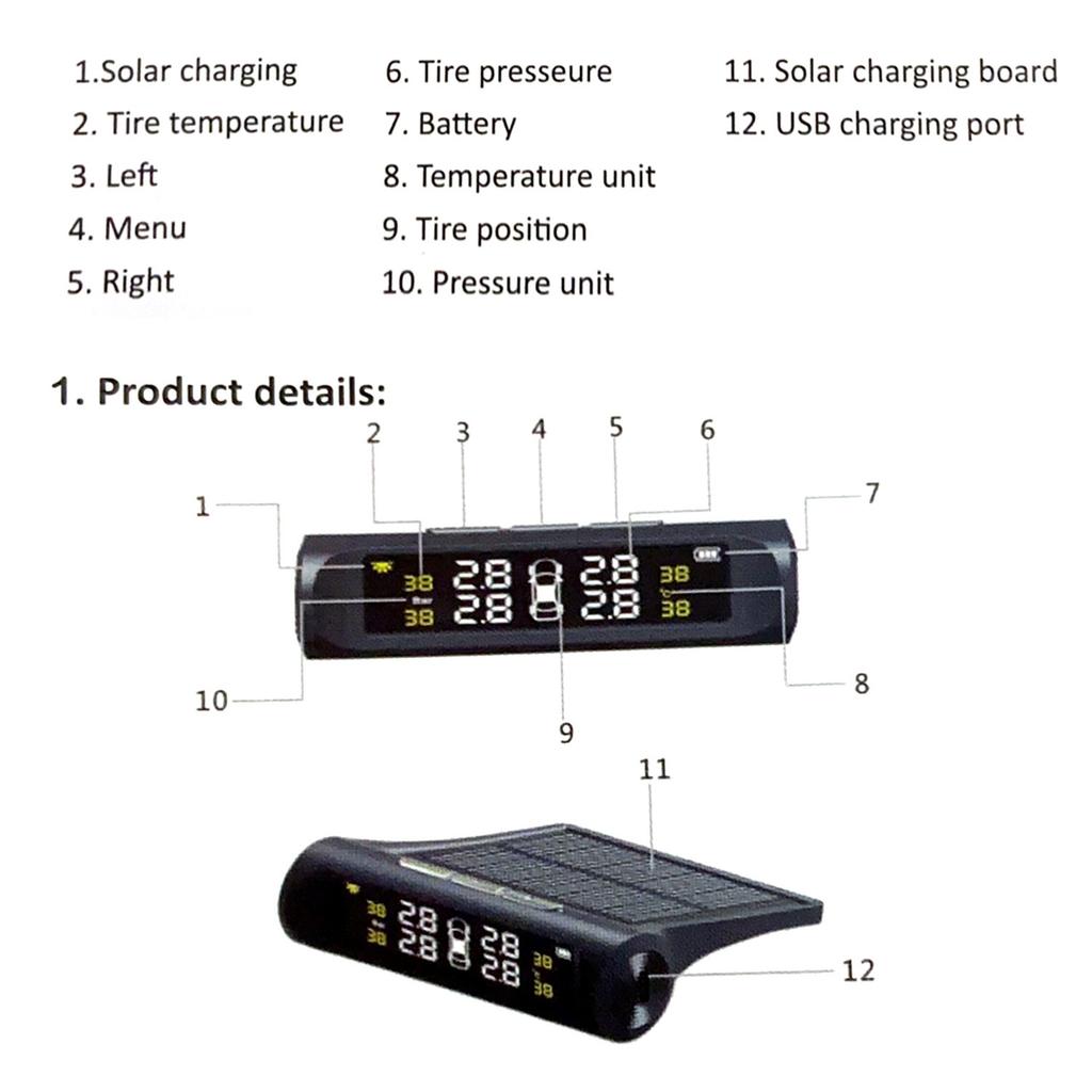 Solar Wireless Car Tire Pressure Monitoring System with 4 External Sensors