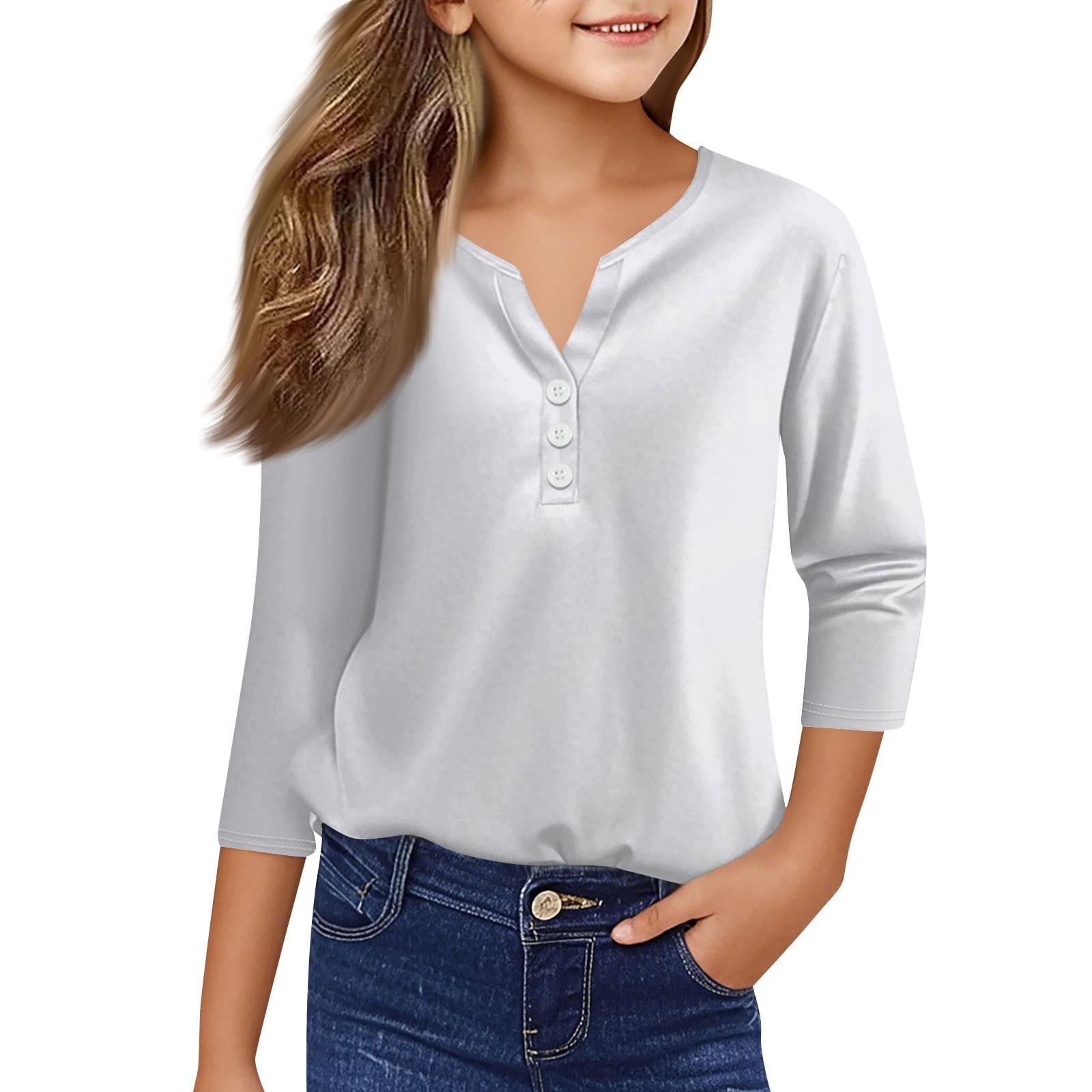 

Повседневные модные топы для девочек, однотонная футболка с семью рукавами и пуговицами 160 белый