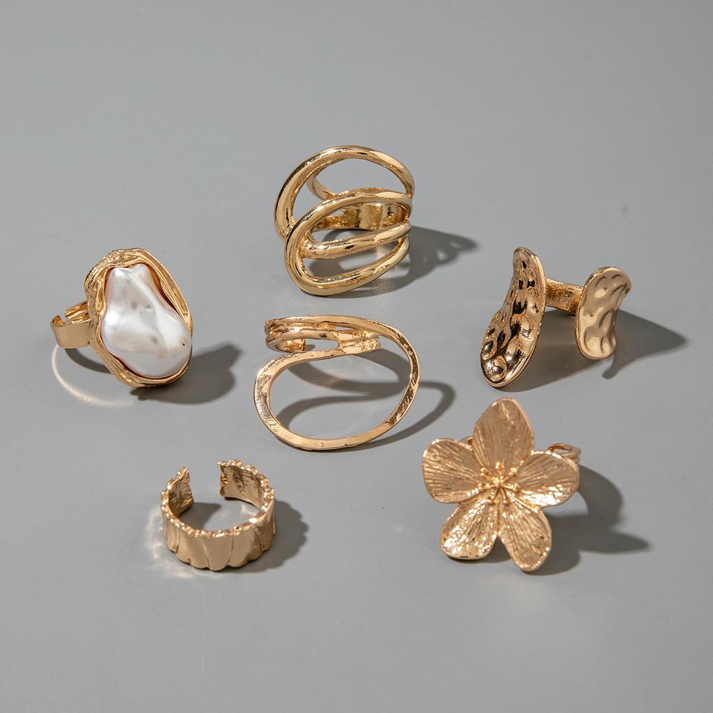 European and American design liquid lava flower opening ring ins baroque imitation pearl set gemstone ring