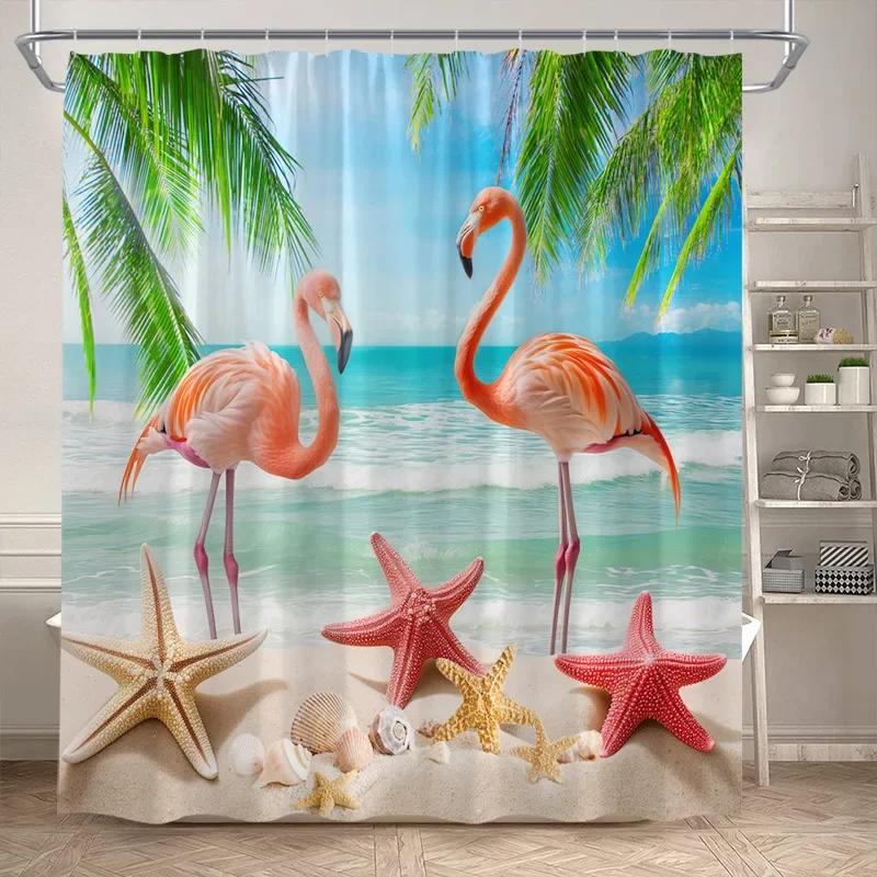 Tropical Jungle Flamingo Shower Curtains Animals Lake Lotus Flowers Palm Tree Plant Forest Scenery Fabric Bathroom Curtain Decor