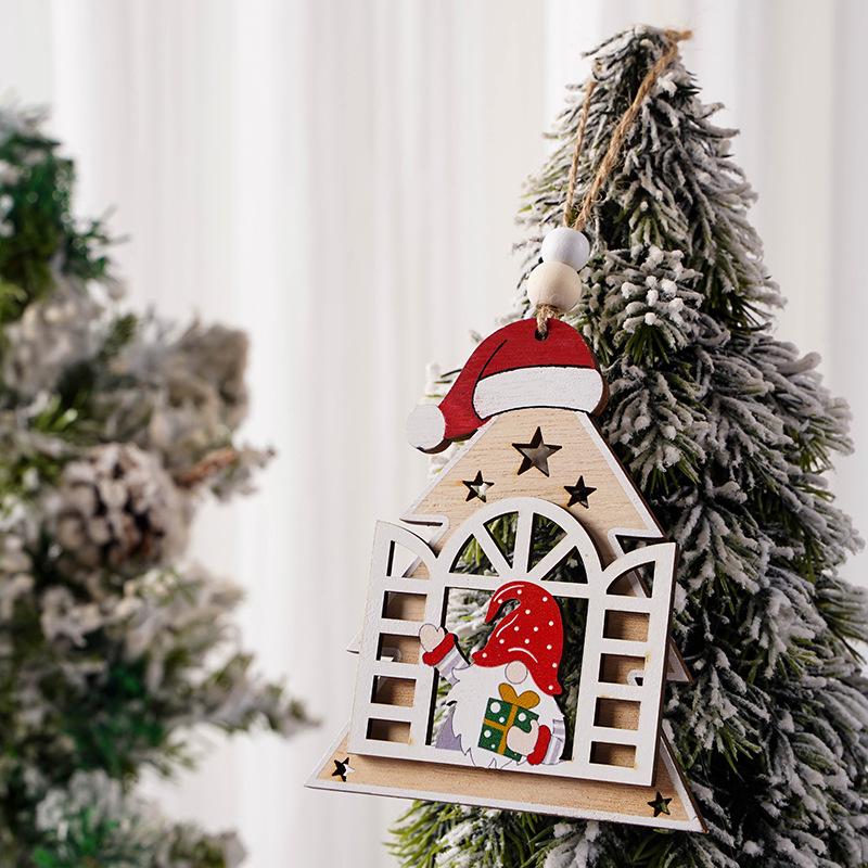 New Wooden Christmas Tree Decorations: Santa, Old Man, Snowflake, Faceless House Pendant.