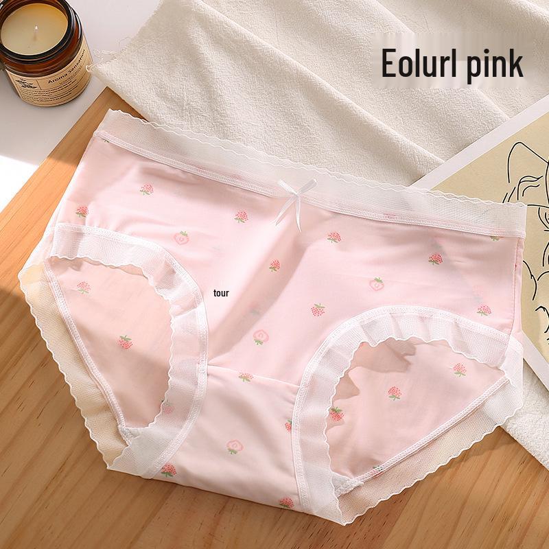 Sweet Strawberry Print Lace Trim Seamless Teen Girl Panties - Comfortable, Breathable, Mid-Waist Briefs