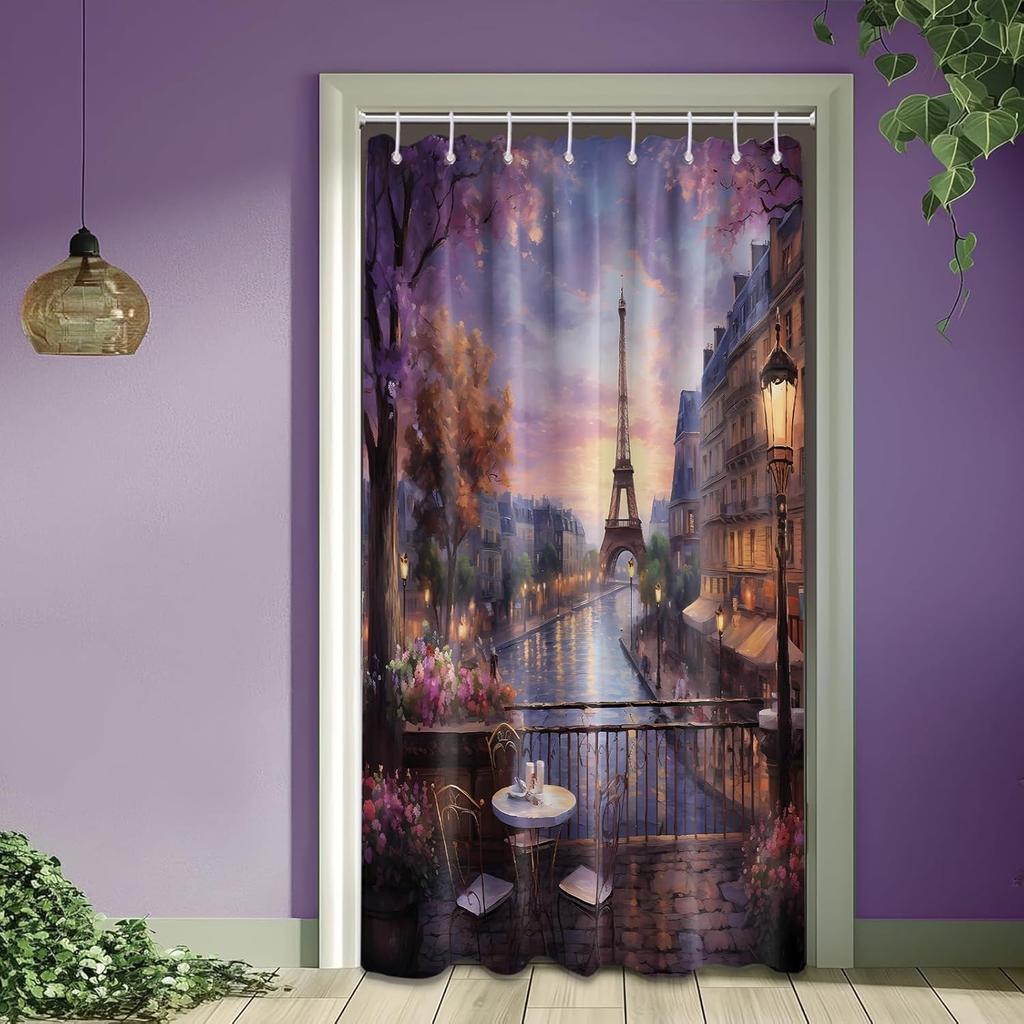 Vintage Paris Shower Curtain Eiffel Tower French Cityscape Shower Curta for Bathroom Decor Set, Waterproof Fabric with Hooks (70''W x 72''L)
