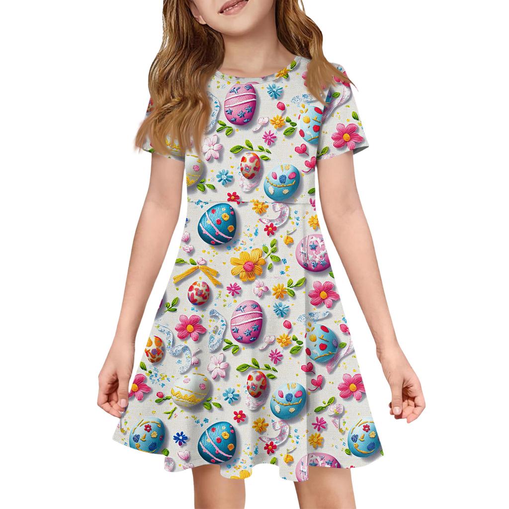 Girl Summer Dress Color & Print Short Sleeve Dress With Pocket Casual Dress Shorts Sleeve Party Dress Easter Day