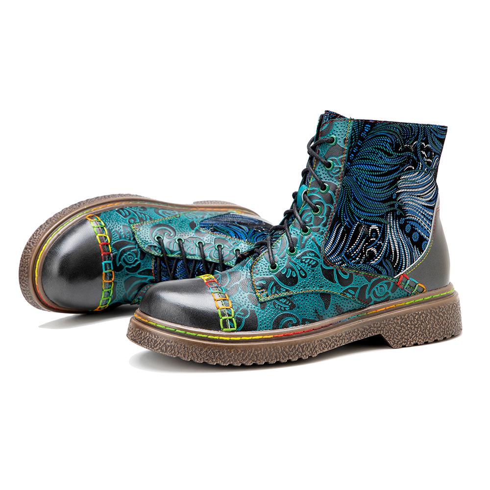 Johnature Genuine Leather Shoes Women Boots Round Toe Retro Handmade Lace-up Sewing Concise Ankle Platform Boots