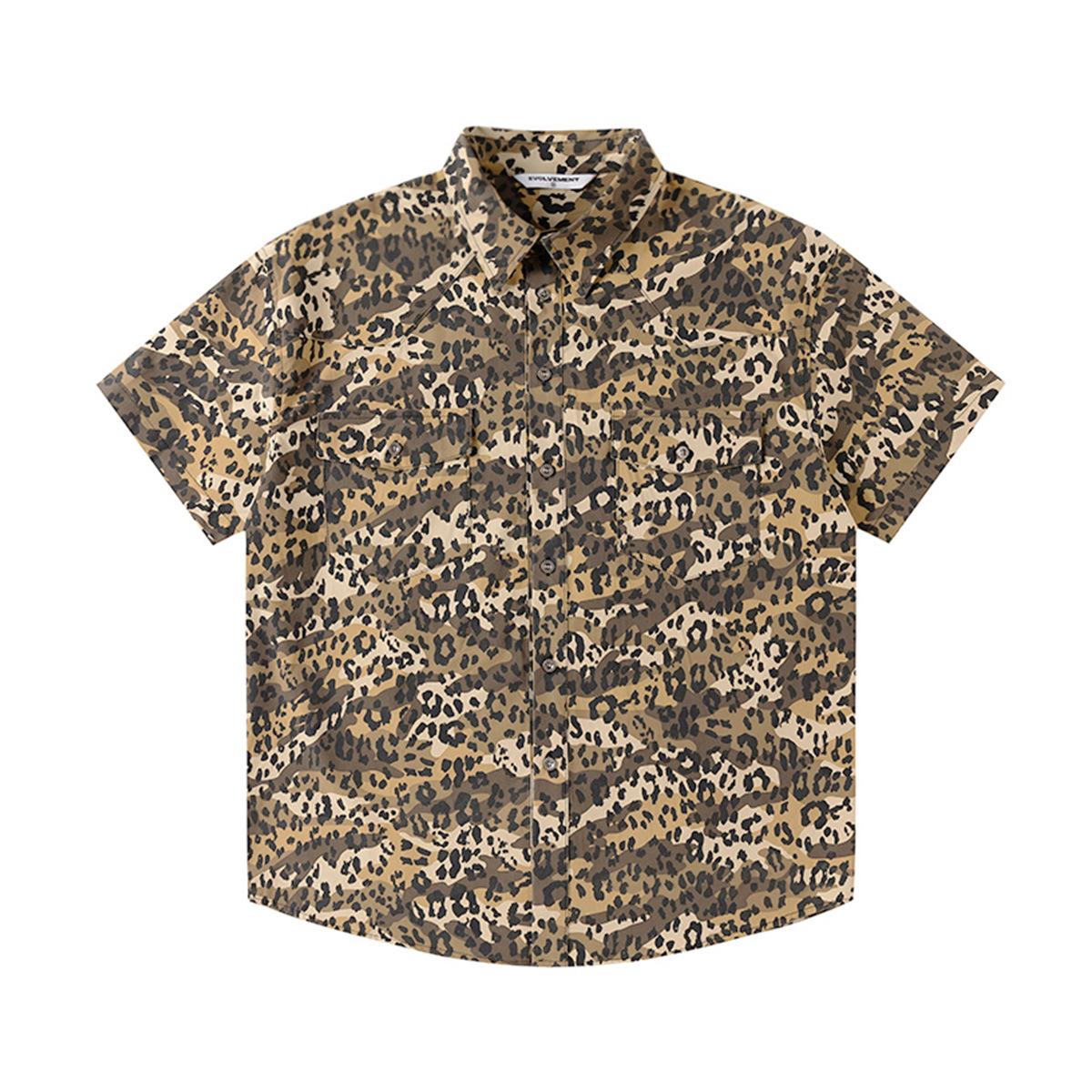 Men s summer shirt men s and women s American trendy brand camouflage leopard print shirt short-sleeved jacket fried street S