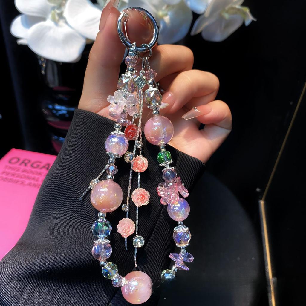 Styl Lekki Luksus Złota Folia Koralik Róża Kwiat Frędzel Łańcuszek do Telefonu Kryształowy Koralik Brelok Ozdobny Łańcuszek Damski Wisiorek do Torby