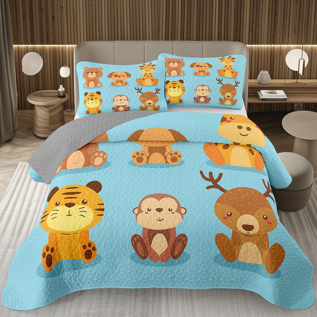 Funny Cartoon Animal Bedspread Queen/Full Kawaii Elephant Panda Coverlet Reversible Grey Quilted Bedding Set For Kids Teen Room