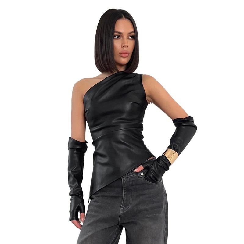 European & American Trendy PU Leather Asymmetrical Vest with Sleevelets - Women's 2025 Fashion Sleeveless Top