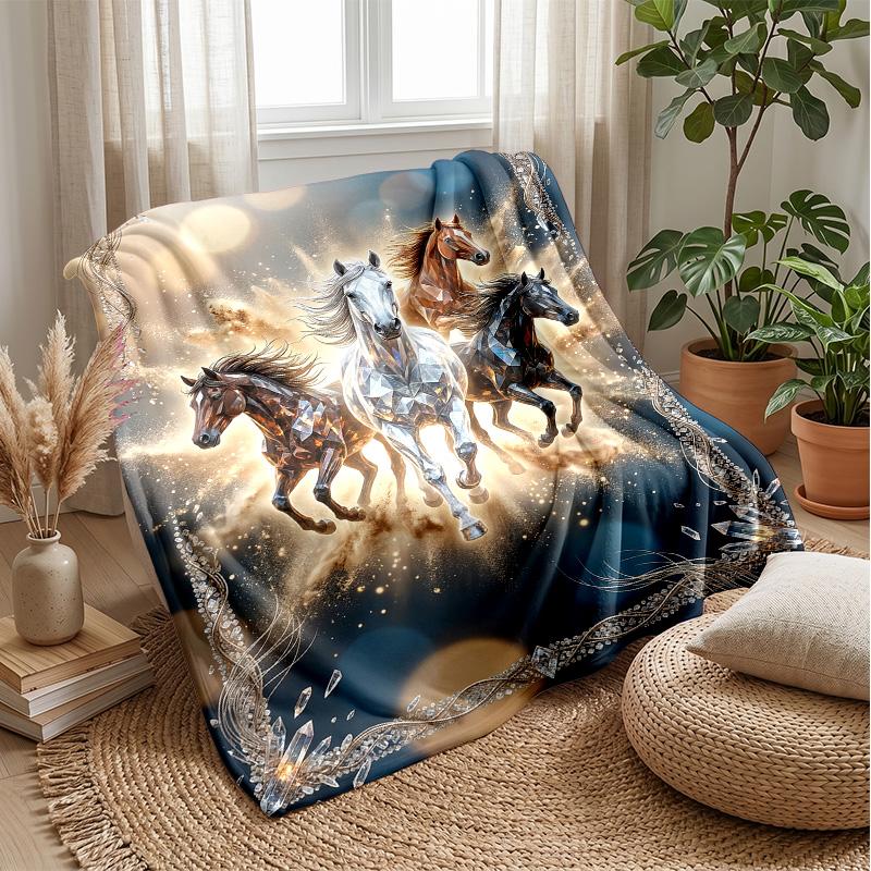 Golden Horse Journey Theme blanket Lightweight Warm Flannel Blanket Decorative Throw Blanket for Home Decoration