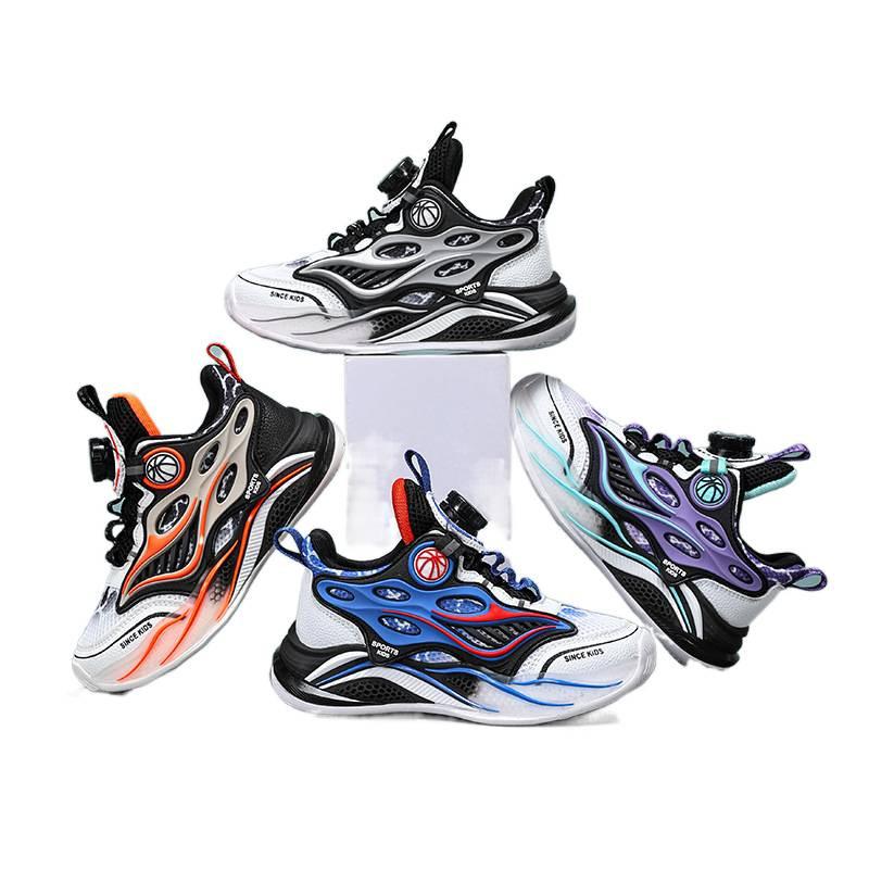 Boys basketball shoes 2025 spring new rotating buckle classmate mesh breathable waterproof non-slip middle and older children's running shoes