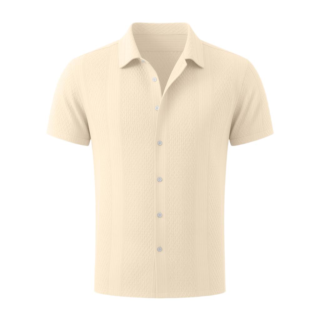 Men's Solid Knit Short Sleeve Shirt French Collar Breathable Hollow Out Button Down Casual Summer Top