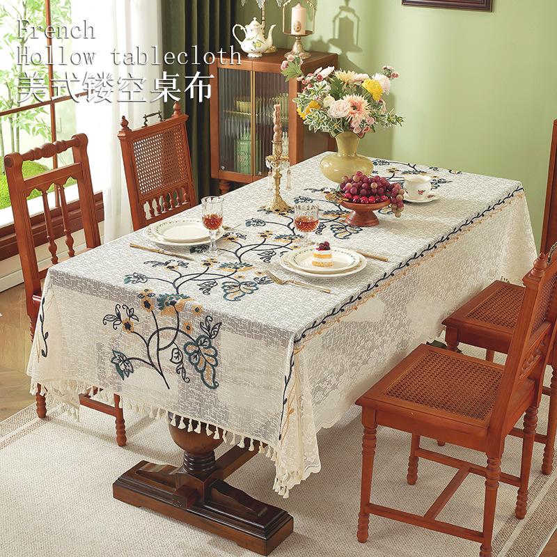 Vintage Lace Tablecloth Embroidery Hollow Fringed Fabric Dining Table Rectangular Cover Coffee Table Cloth High Sense
