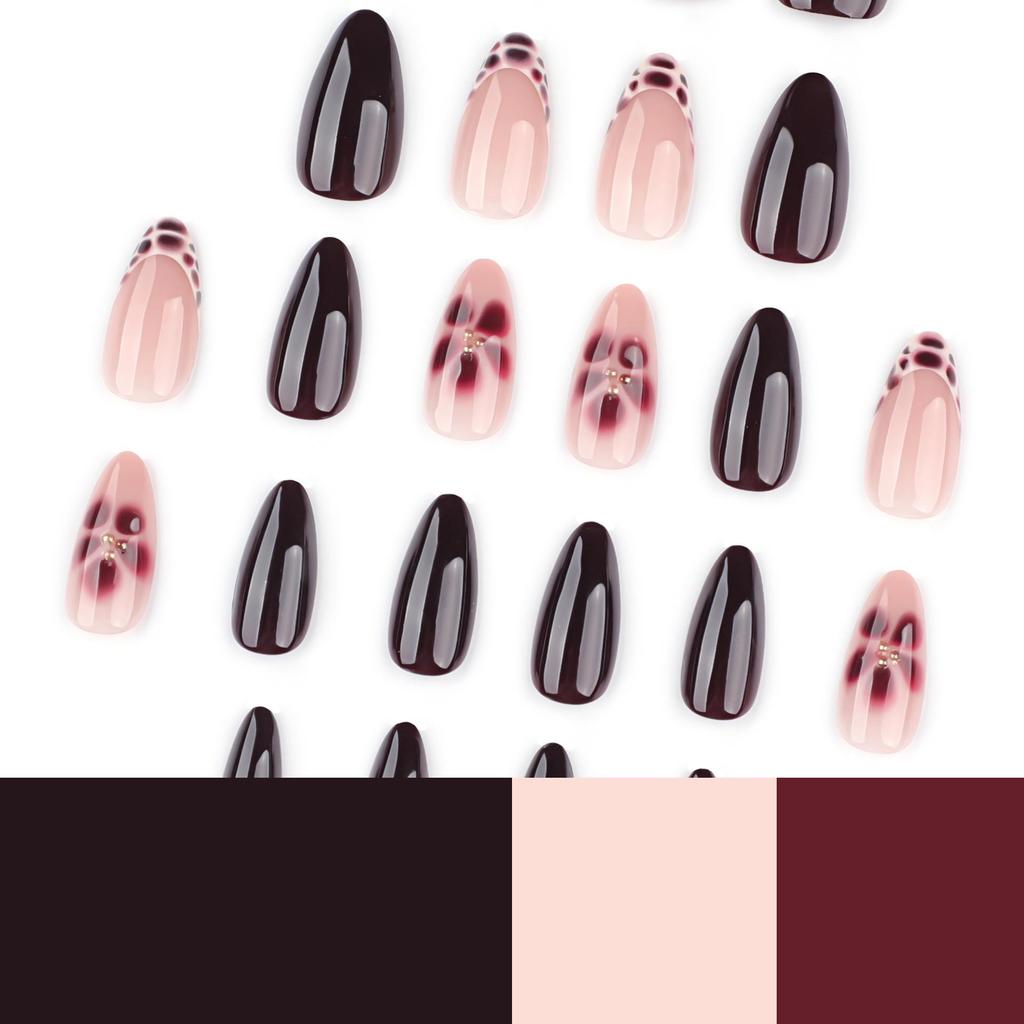 3D French Leopard Print Wearable Wine Red False Nails - Short Autumn/Winter Floral Design Manicure