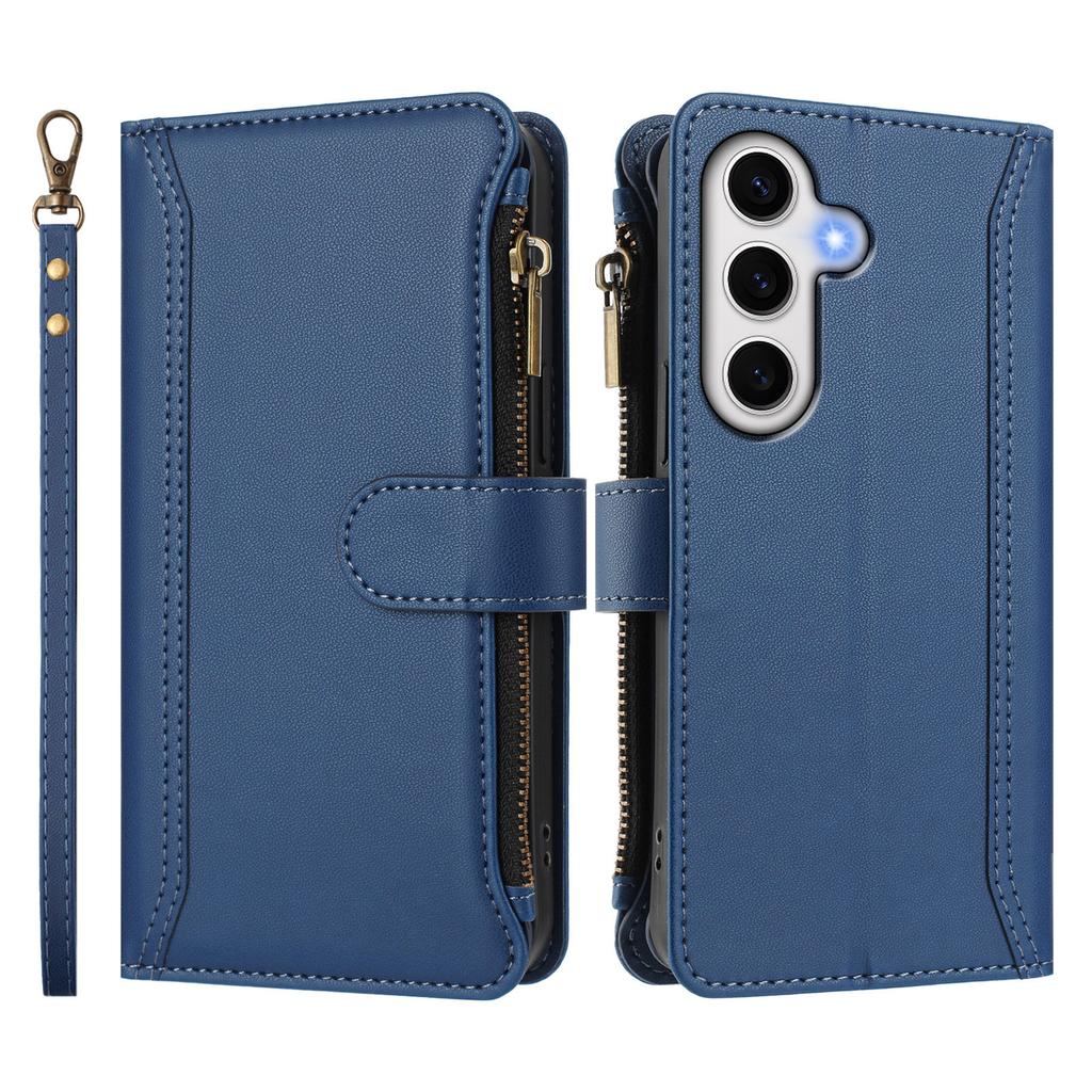 For Samsung Galaxy S24 FE Leather Case 9 Card Slots Zipper Wallet Stand Phone Cover with Wrist Strap