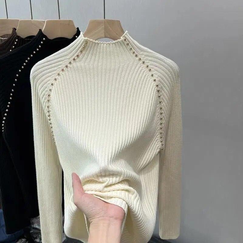 Half High Neck Studded Bead Bottom Sweater Pullover Women Autumn and Winter Fashion Style Knitwear Sweater Pullover Female Top