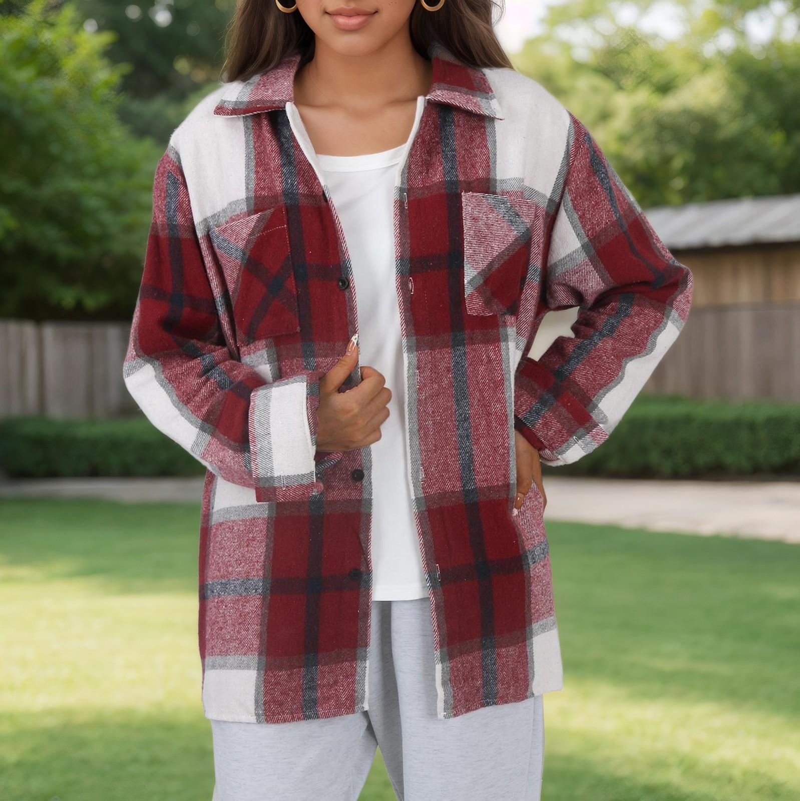 

Женское пальто осень и зима клетчатая рубашка пуговицы модное шерстяное пальто XL красный