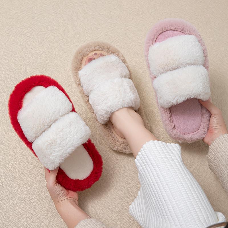 Fashion Fashion  Fur Slippers Women Indoor Light Warm Plush Home Slippers Woman Faux Fur Flat Heel Couple Slides  Pantuflas Mujer